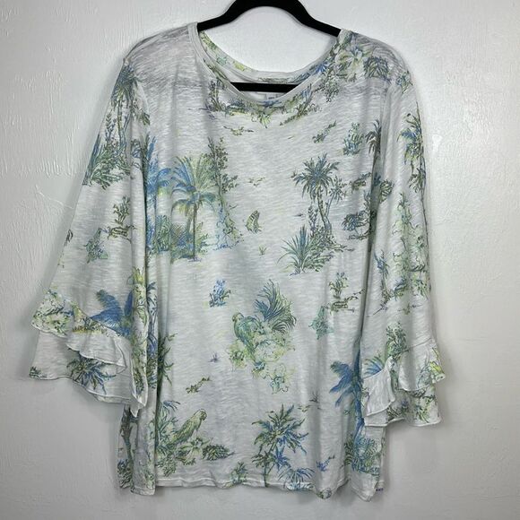 J. Jill Island Print Linen Cotton Blend Tiered Sleeve Top Size 4X - Picture 1 of 9